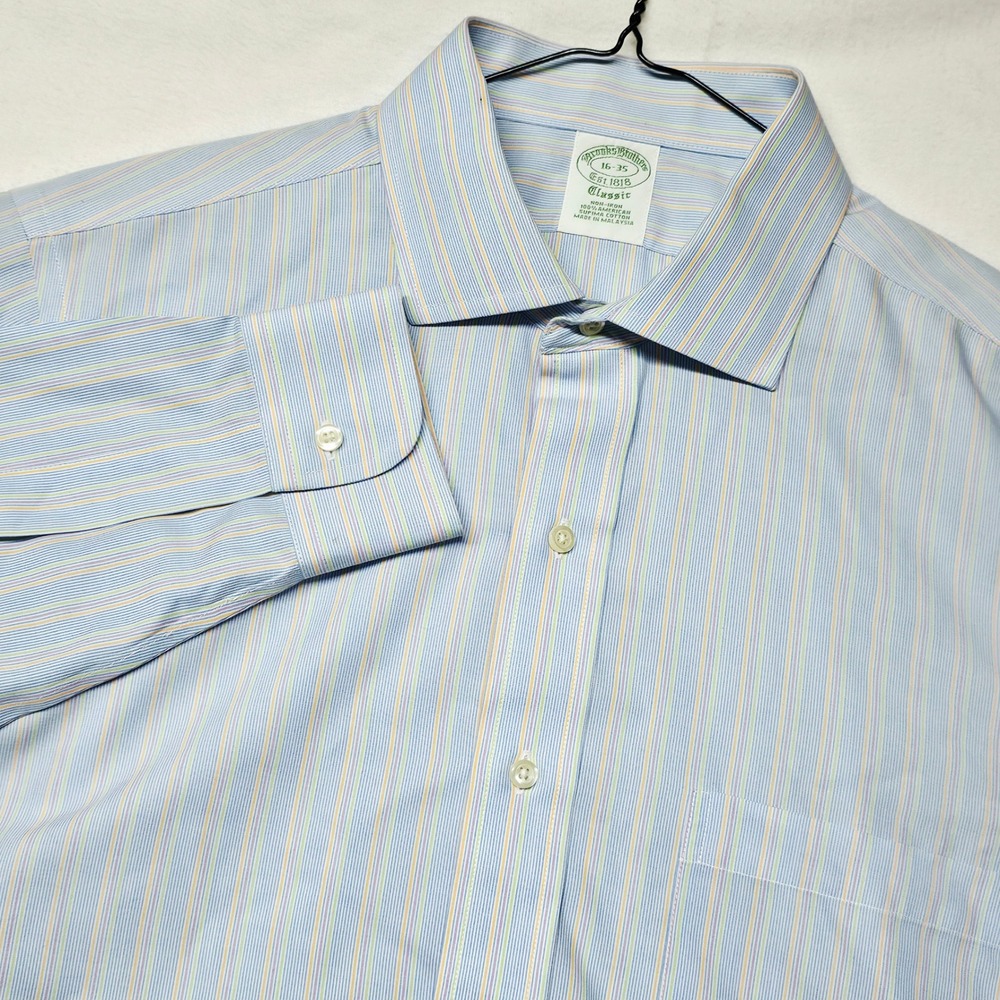 Brooks Brothers Dress Shirt Mens 16-35 Blue Multi Stripe Non-Iron Supima Cotton